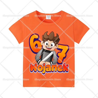 Bright orange cotton anime kids t-shirt with cartoon character and large 67 numerals for birthday use
