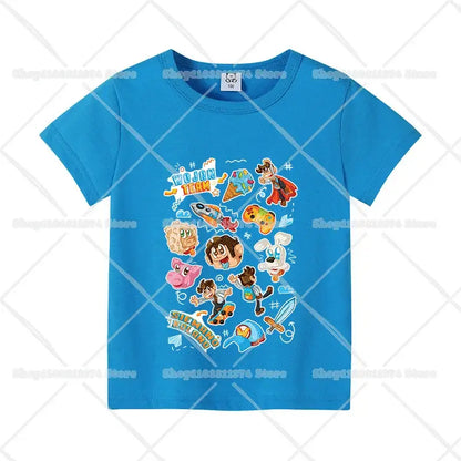 Bright blue cotton anime kids t-shirt with colorful cartoon and game-themed graphic short sleeves birthday tee