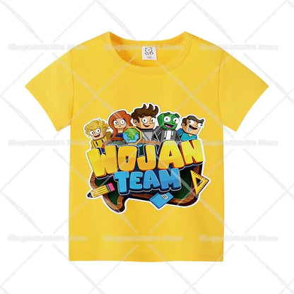 Bright yellow cotton short sleeve anime kids t-shirt with colorful wojan team cartoon graphic for birthday wear