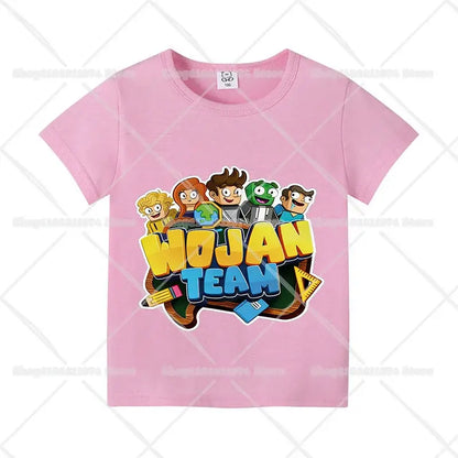 Pink cotton short sleeve anime kids t-shirt with colorful wojan team graphic and cartoon characters for birthday wear