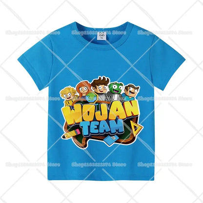Bright blue cotton short sleeve anime kids t-shirt with colorful wojan team cartoon characters and school supplies graphic