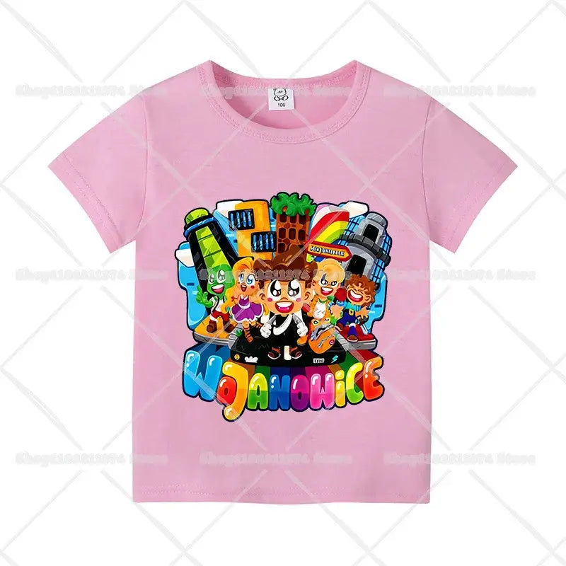 Pink cotton short sleeve anime kids t-shirt with colorful cartoon graphic and rainbow wojanowice lettering for birthdays