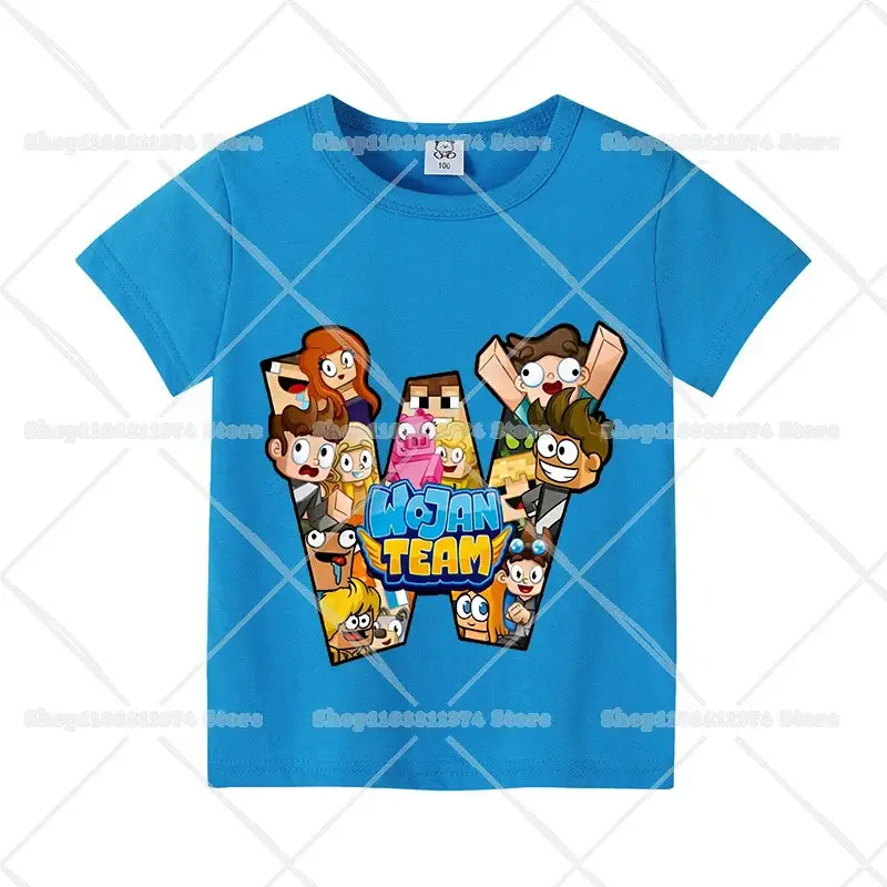 Bright blue cotton short sleeve t-shirt featuring colorful wojan team characters arranged in large letter w birthday tee