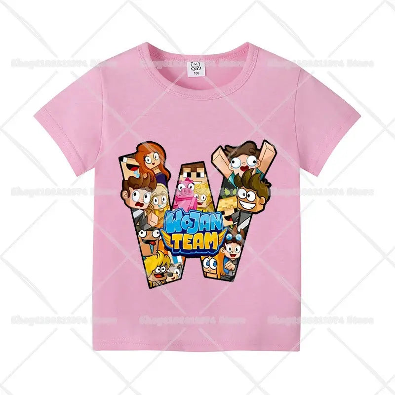Pink cotton short sleeve kids t-shirt featuring colorful wojen team characters in a large w for birthdays