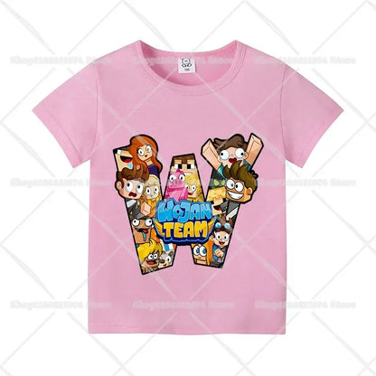 Pink cotton short sleeve kids t-shirt featuring colorful wojen team characters in a large w for birthdays