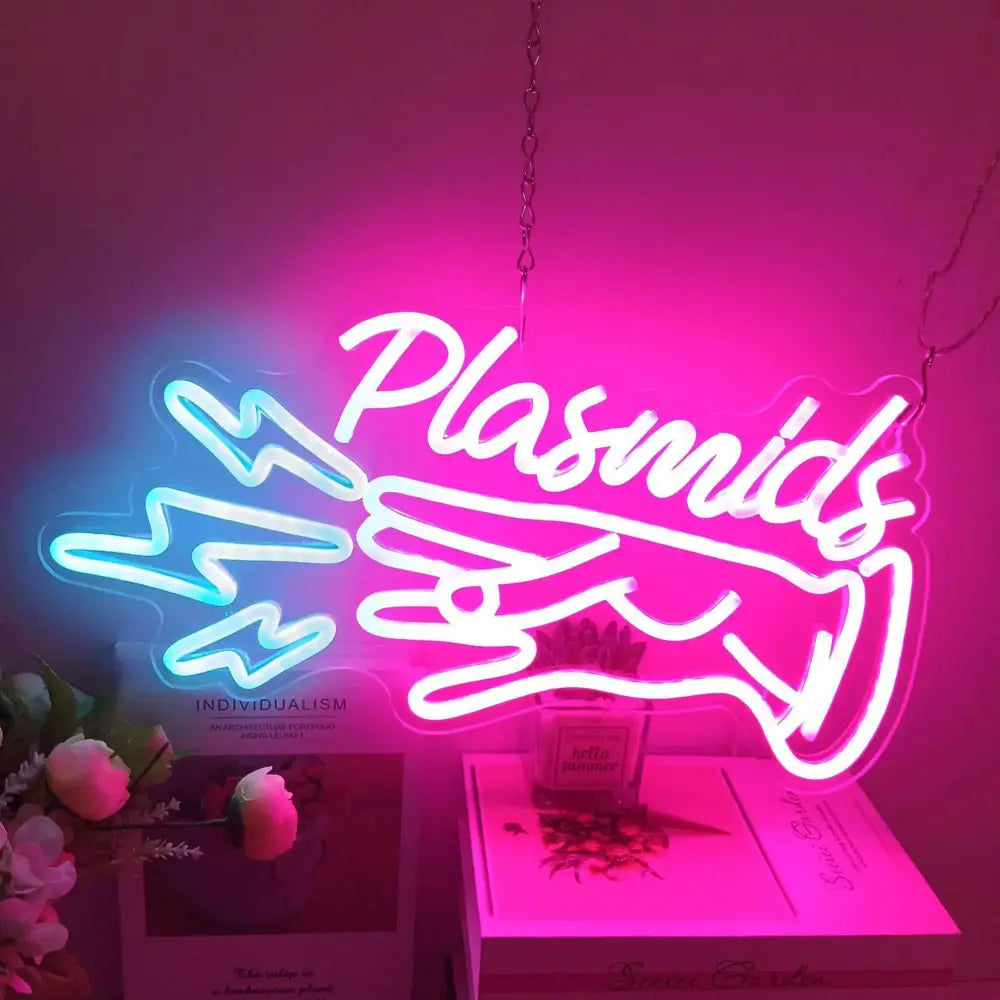 Anime led neon sign featuring the word plasmids in white cursive with blue and pink lightning hand gesture design