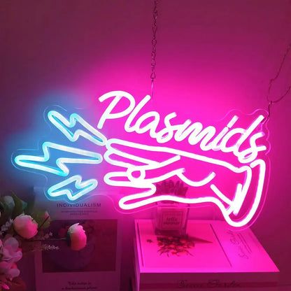 Anime led neon sign featuring the word plasmids in white cursive with blue and pink lightning hand gesture design
