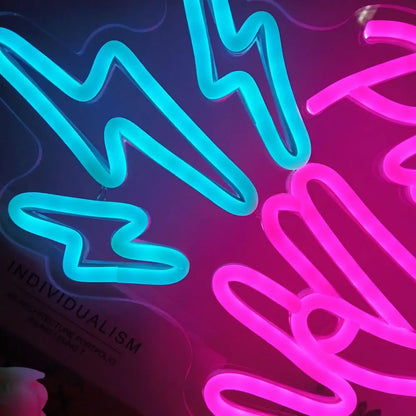 Vibrant anime led neon sign with glowing turquoise and pink lightning bolts for bedroom gaming wall light with sticky hooks