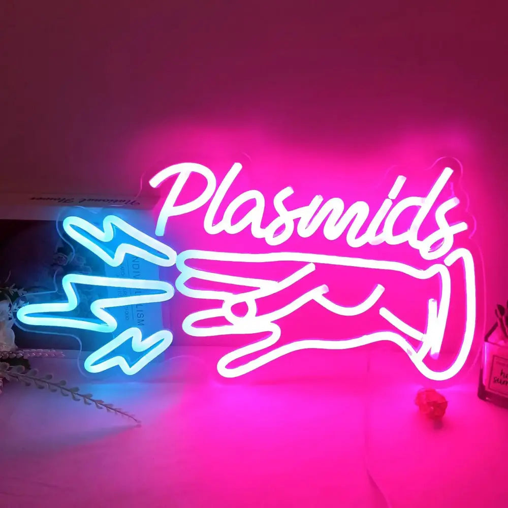 Anime led neon sign with glowing white plasmids text blue lightning bolts hand gesture perfect for gaming walls with sticky hooks