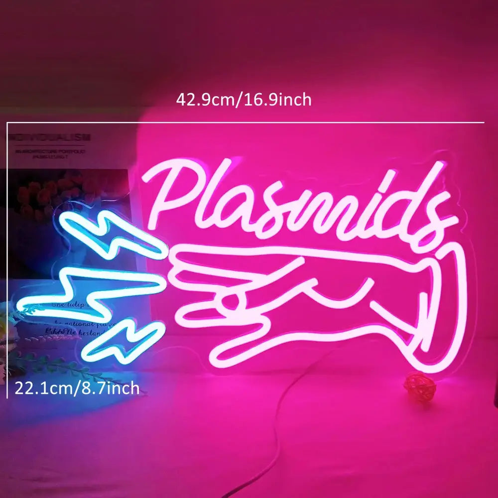 A vibrant anime led neon sign featuring the word plasmids with pink and blue light and sticky hooks for easy mounting