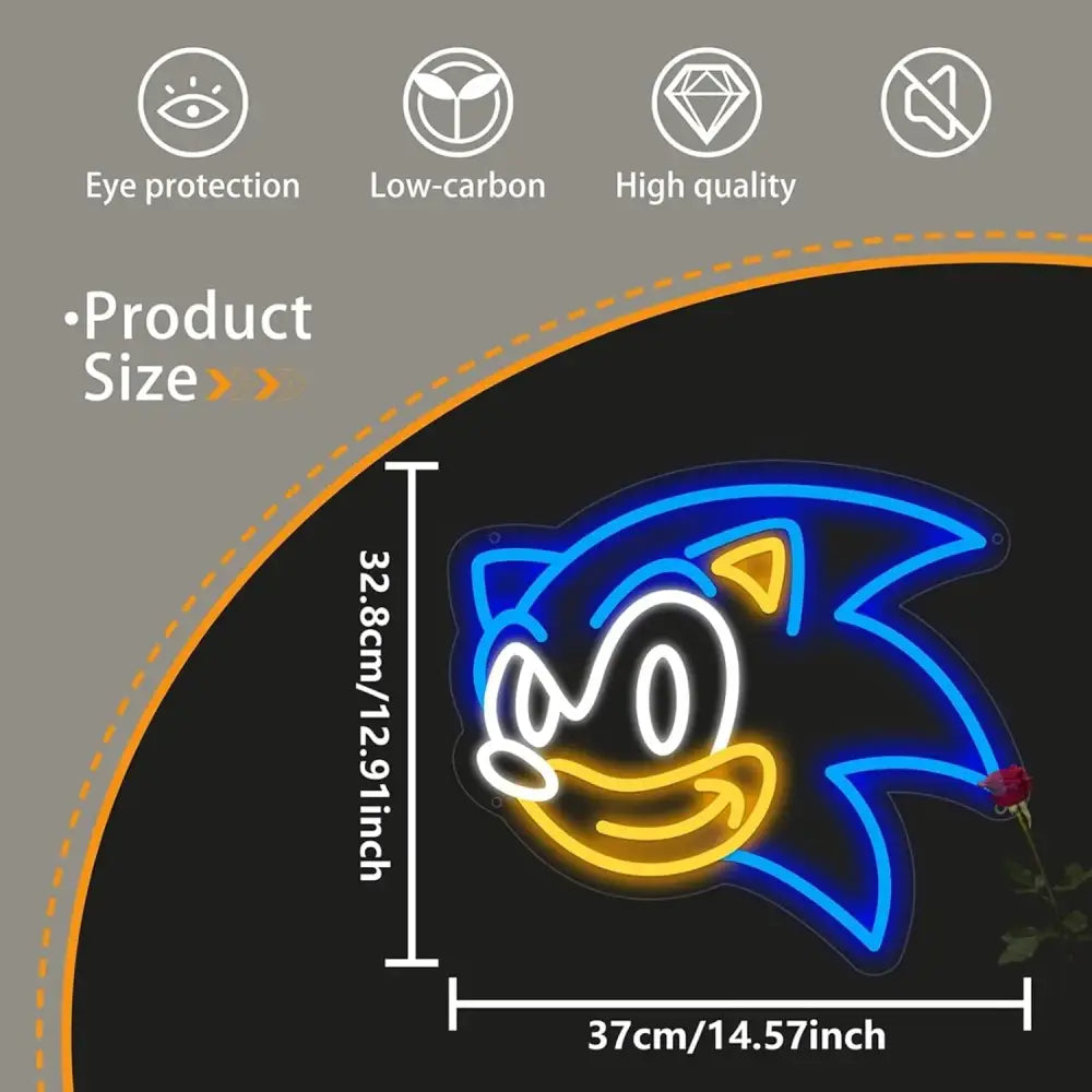 Blue and yellow led neon sign featuring sonic the hedgehog face with dimmable usb wall light for anime decor