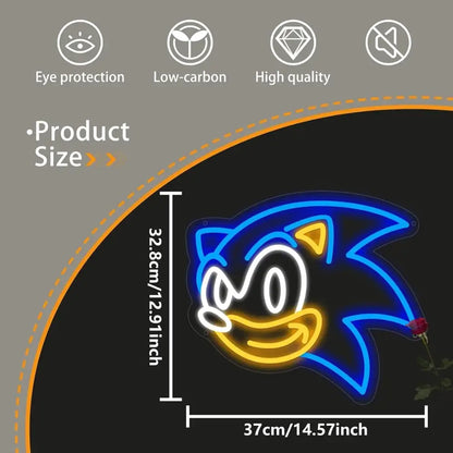 Blue and yellow led neon sign featuring sonic the hedgehog face with dimmable usb wall light for anime decor