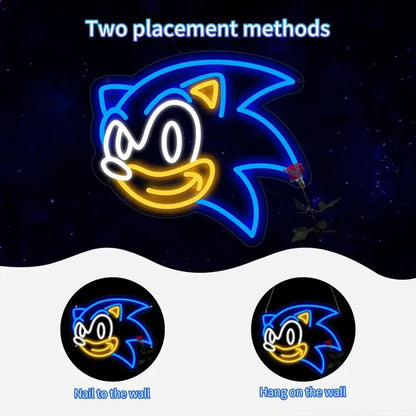 Blue and yellow led neon sign shaped like sonic the hedgehog face dimmable anime neon sign wall light