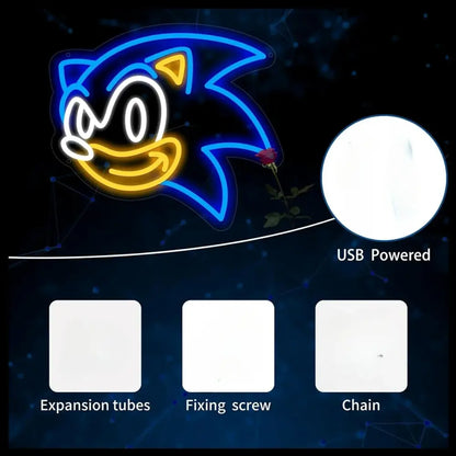 Blue and yellow dimmable led neon sign shaped like sonic the hedgehog head for anime wall decor neon signs