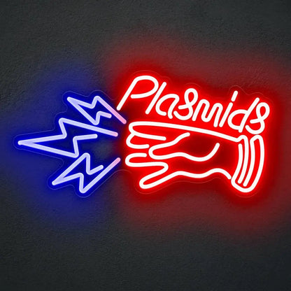 Anime led neon sign wall decor light with glowing red plasmids lettering and blue lightning bolt design in led neon style