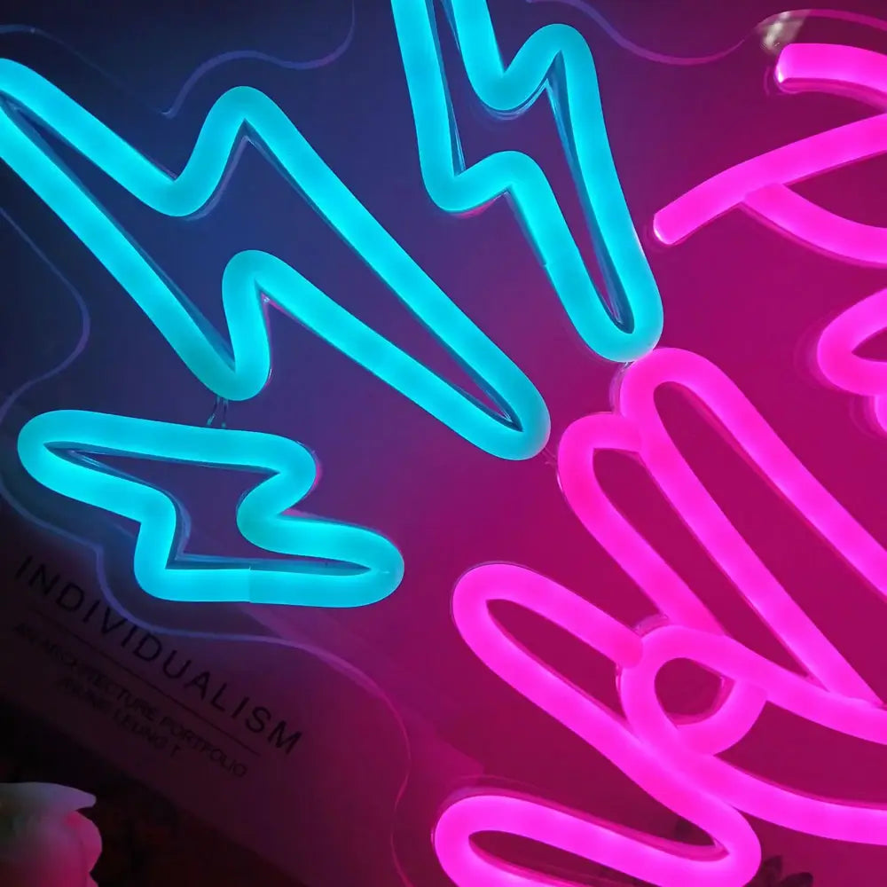 Anime led neon sign featuring glowing turquoise and pink lightning bolt shapes as vibrant wall decor light