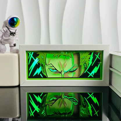 Anime led shadow light box featuring a glowing green anime portrait with electric blue eyes in a white wood frame