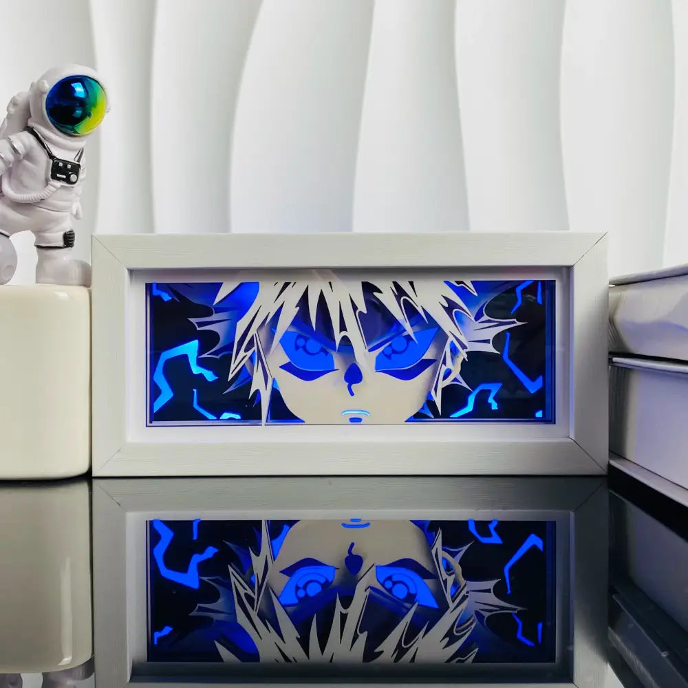 White-framed anime led shadow light box featuring spiky white-haired character with glowing blue eyes and electric-blue lightning patterns