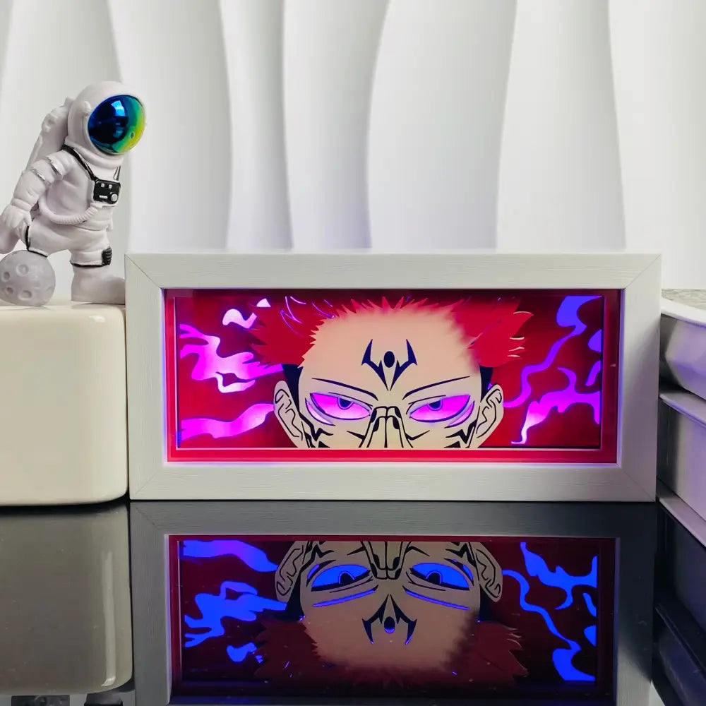 Anime led shadow light box with glowing red hair character and purple eyes in white paper cut wood frame lamp