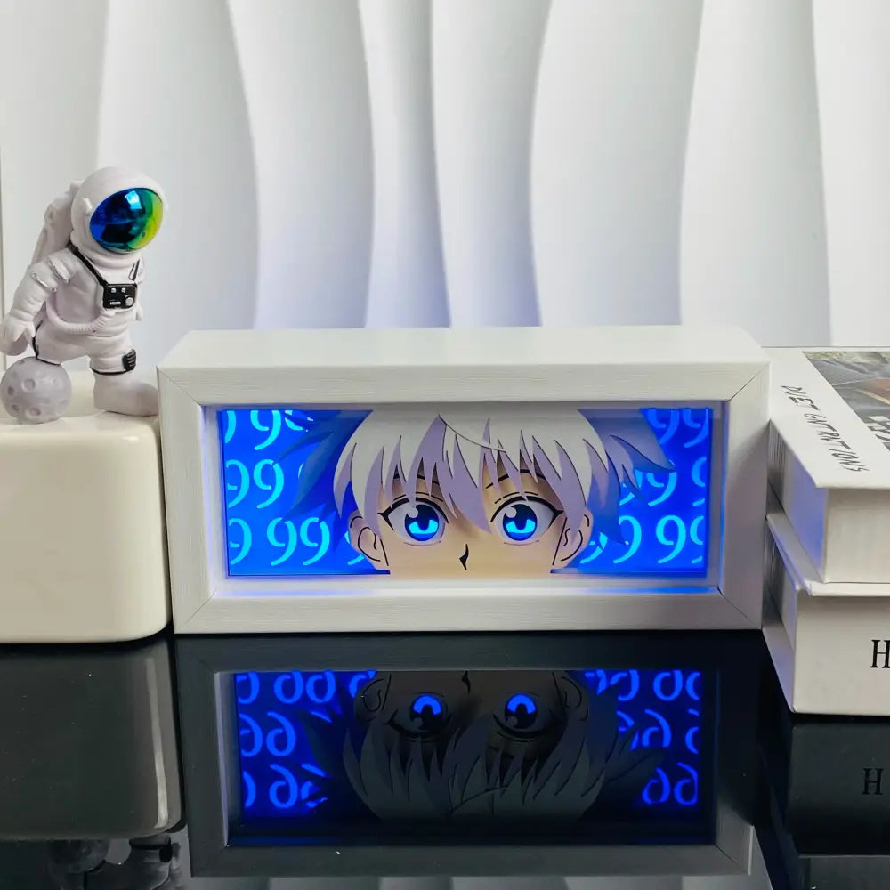 White rectangular paper cut wood frame anime led shadow light box with silver hair character and glowing blue eyes