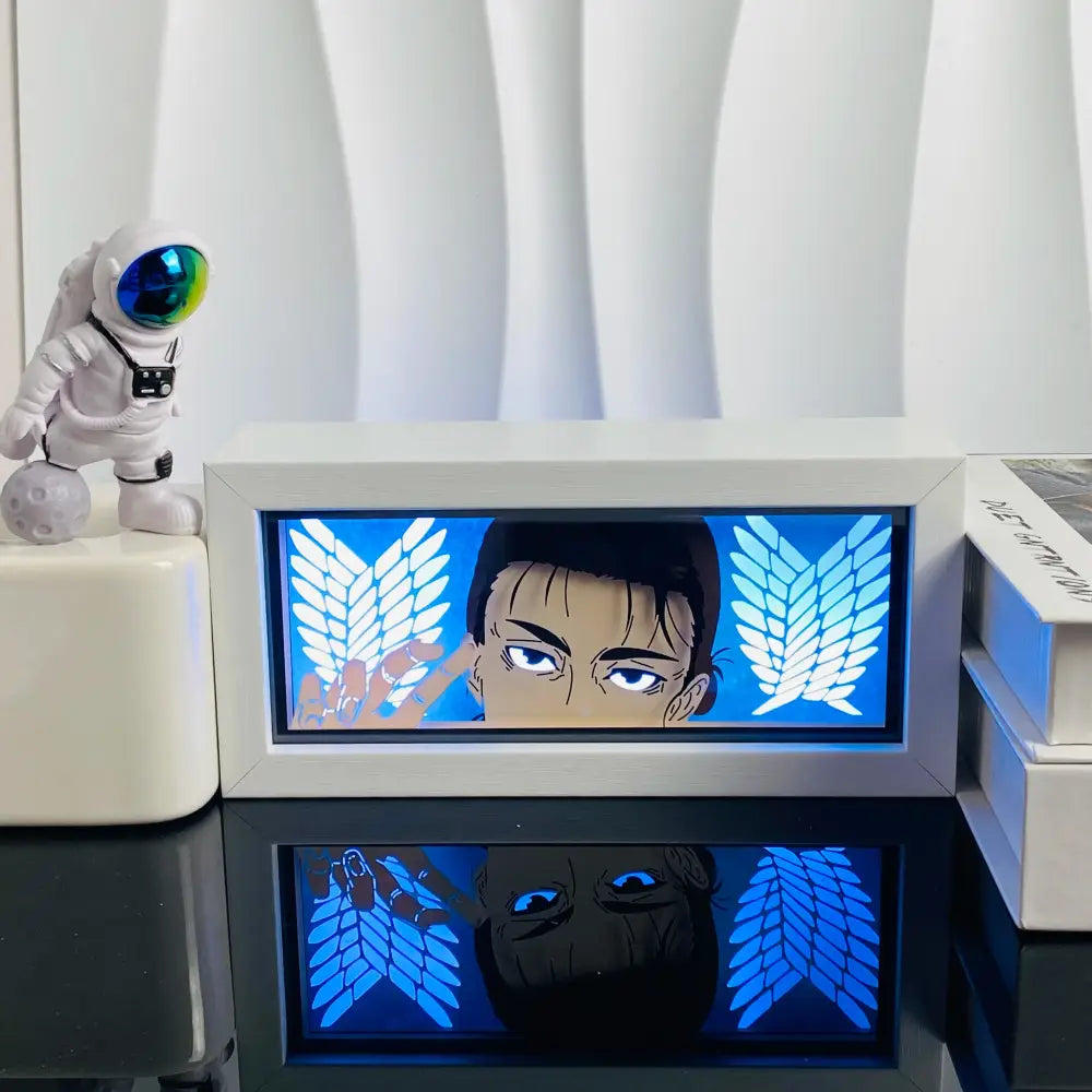 White rectangular anime led shadow light box with blue wings design and silver metallic frame for decorative lighting