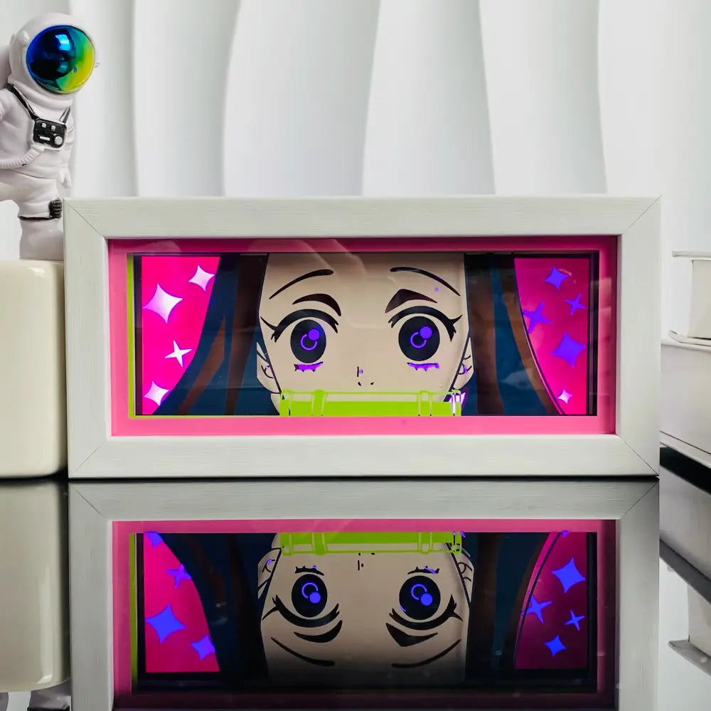 Anime led shadow light box featuring purple-eyed character with green headband in white paper cut wood frame against pink starry background