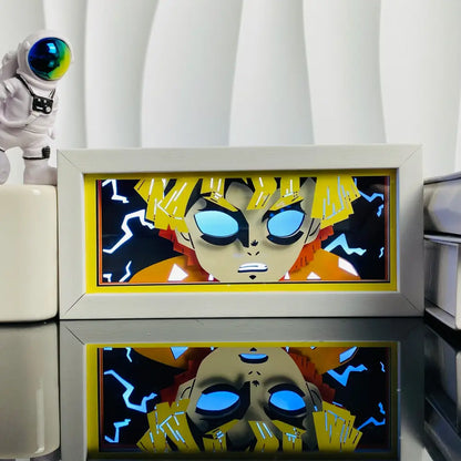 A glowing anime led shadow light box with vibrant yellow hair character in a paper cut wood frame lamp
