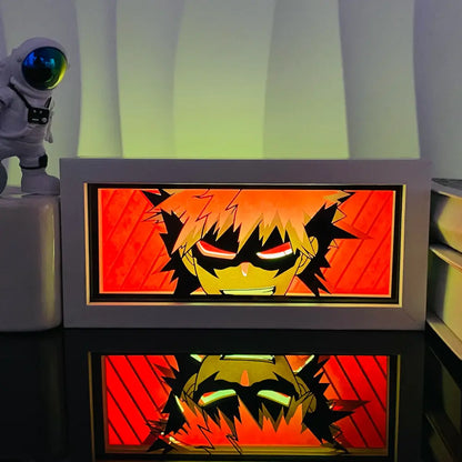 Rectangular anime led shadow light box with glowing orange red anime character in paper cut wood frame lamp