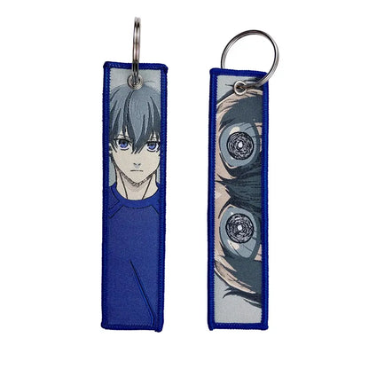 Blue embroidered anime lock keychain with stitched edges and metal ring jet tag featuring anime character designs