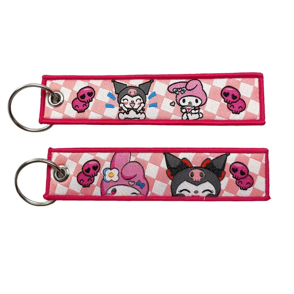 Pink and white checkered embroidered anime lock keychain with cute cartoon characters for jet tag use