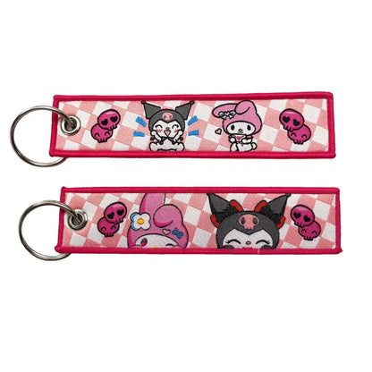 Pink and white checkered embroidered anime lock keychain with cute cartoon characters for jet tag use