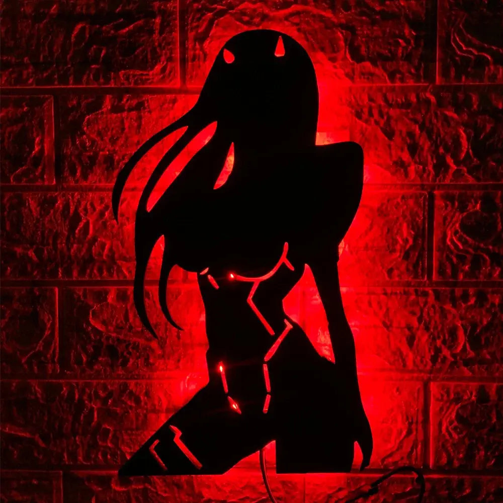 Red-lit anime luminous led wall lamp shaped like a female character with long hair and a revealing outfit