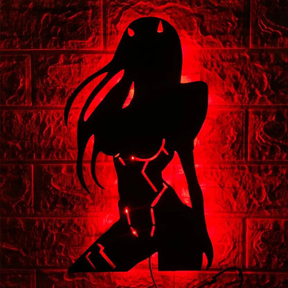 Red-lit anime luminous led wall lamp shaped like a female character with long hair and a revealing outfit