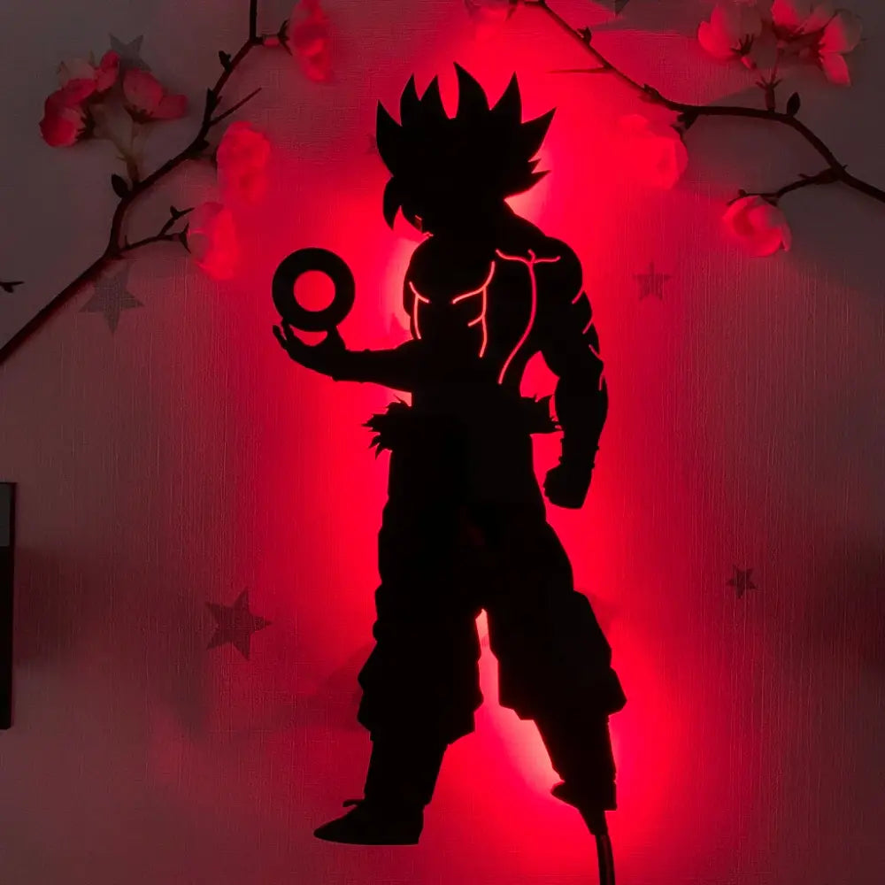 Black silhouette goku anime luminous led wall lamp illuminated with red backlighting for custom atmosphere light
