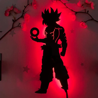 Black silhouette goku anime luminous led wall lamp illuminated with red backlighting for custom atmosphere light