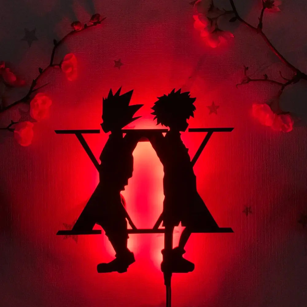 Red-lit anime luminous led wall lamp featuring two characters and cherry blossoms for custom atmosphere light