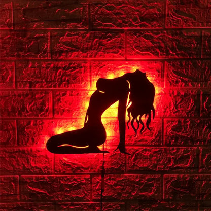 Red illuminated anime luminous led wall lamp featuring a kneeling woman silhouette with flowing hair for custom atmosphere lighting