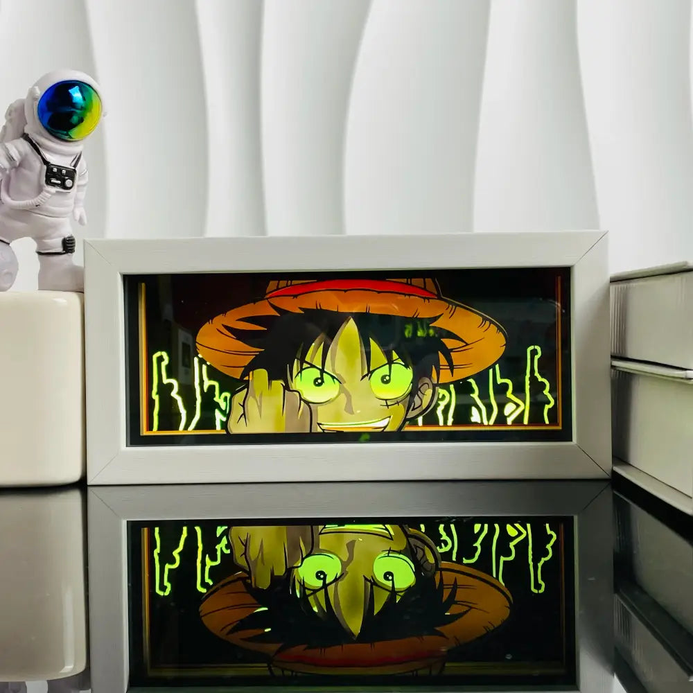 Anime manga 3d led paper carving light box with neon cartoon character featuring green eyes and an orange hat