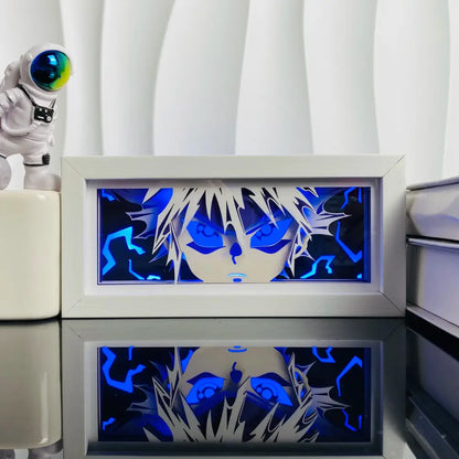 White-framed anime manga 3d led paper carving light box with spiky hair character and electric-blue lightning design