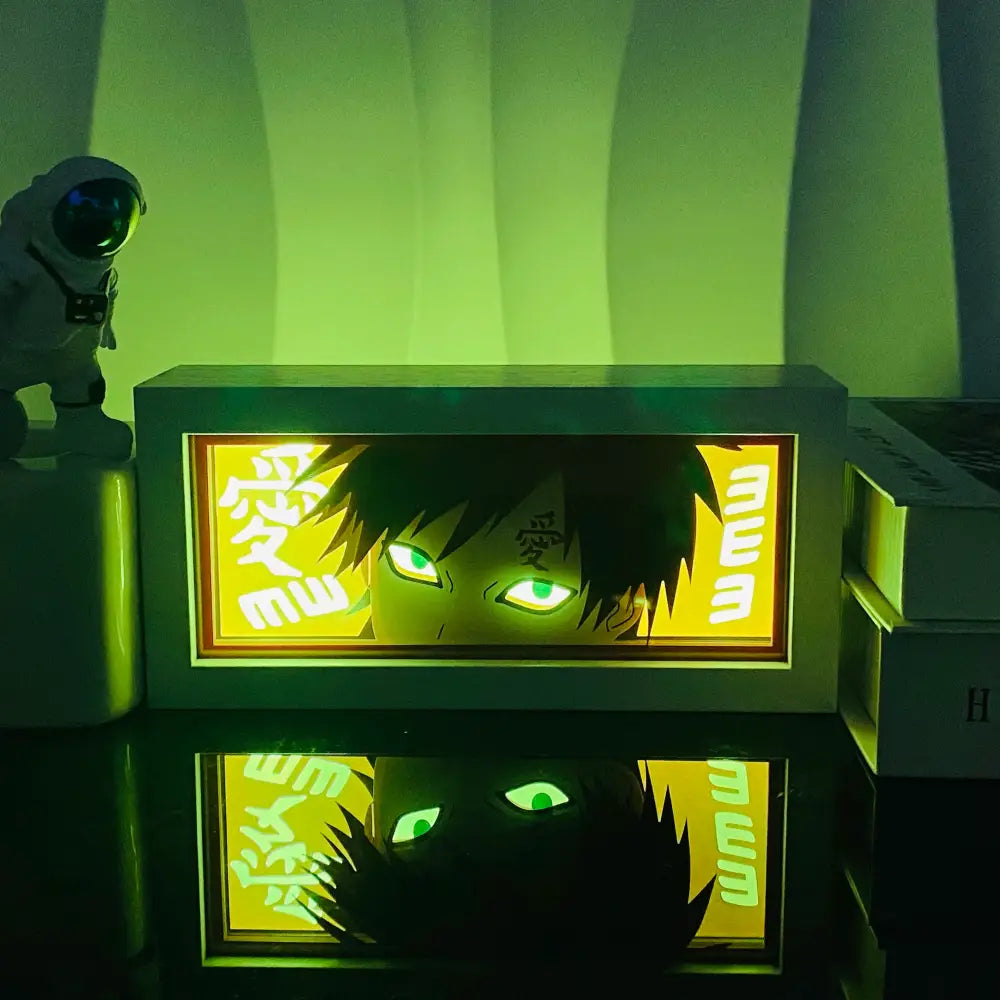 Glowing anime manga 3d led paper carving light box with green eyed black hair character in dark gray frame