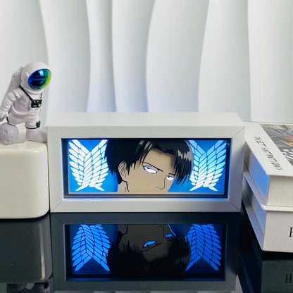 White rectangular led paper carving light box featuring an anime character with blue wings on a glowing blue background