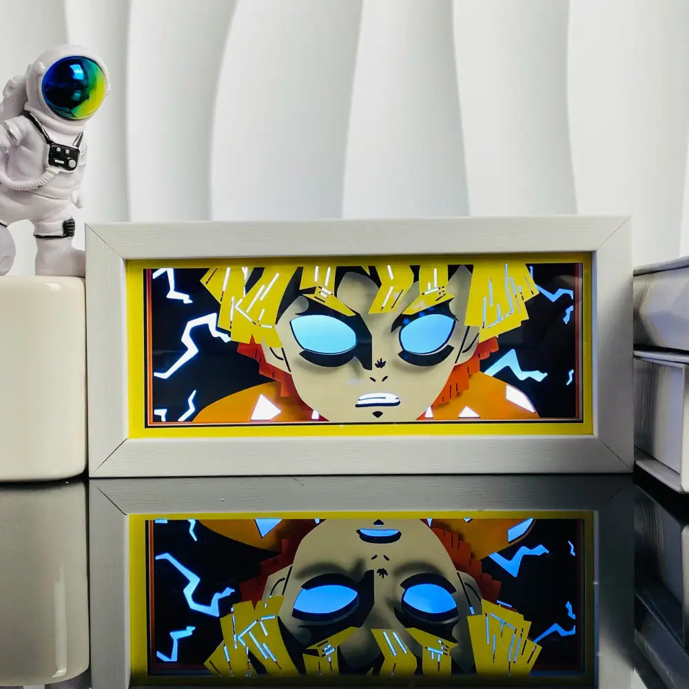 A glowing anime manga 3d led paper carving light box featuring a character with yellow hair and blue eyes against dark background