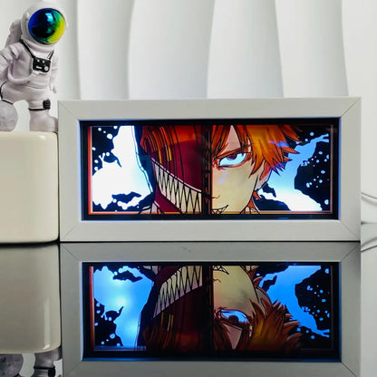 White-framed anime manga 3d led paper carving light box with split face design in red and blue illuminated backgrounds