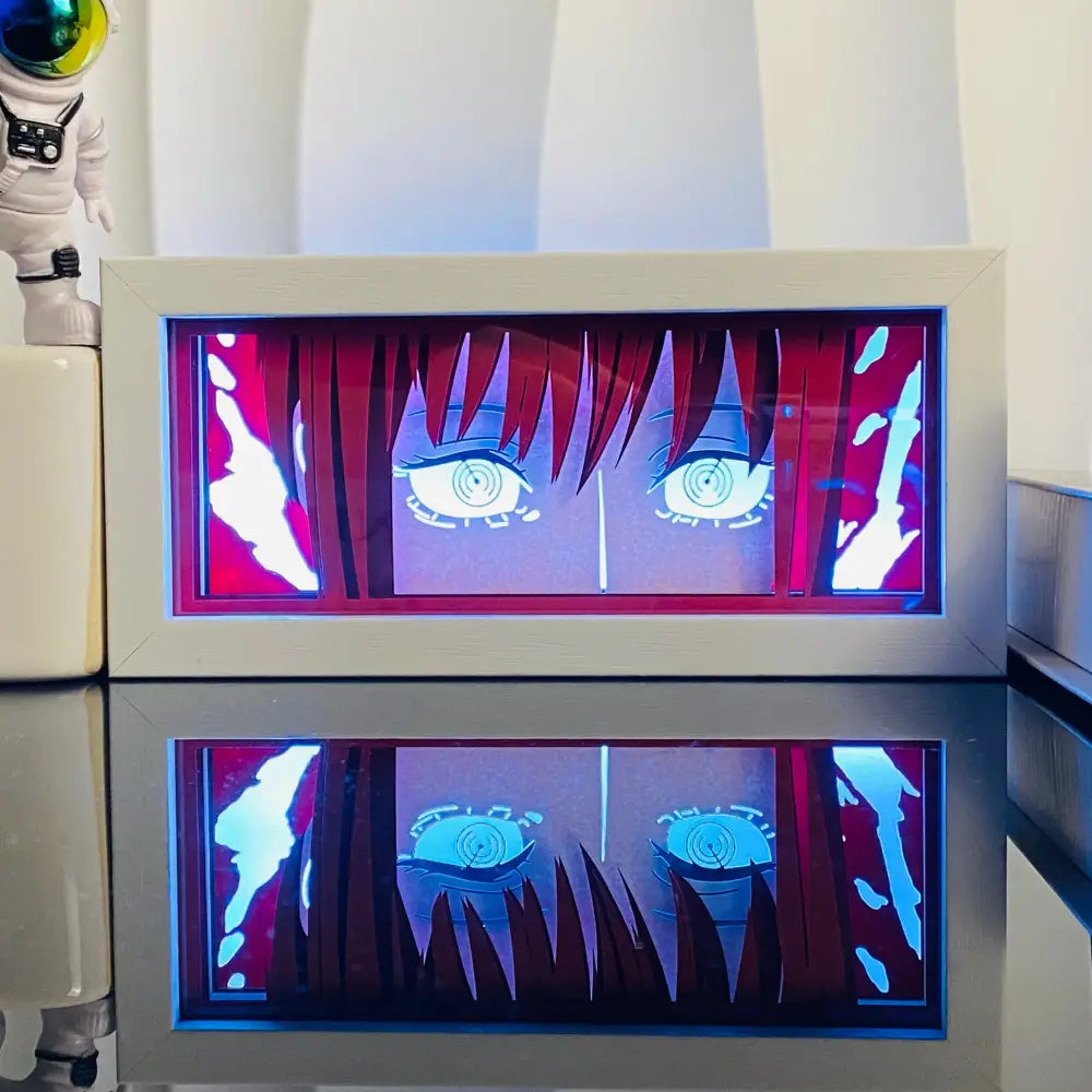 Anime manga 3d led paper carving light box featuring vibrant red hair and blue eyes on a pink and purple illuminated background