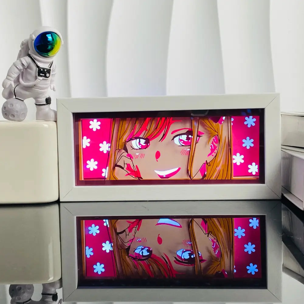 White rectangular led paper carving light box featuring a glowing pink-haired anime girl with red eyes and floral background