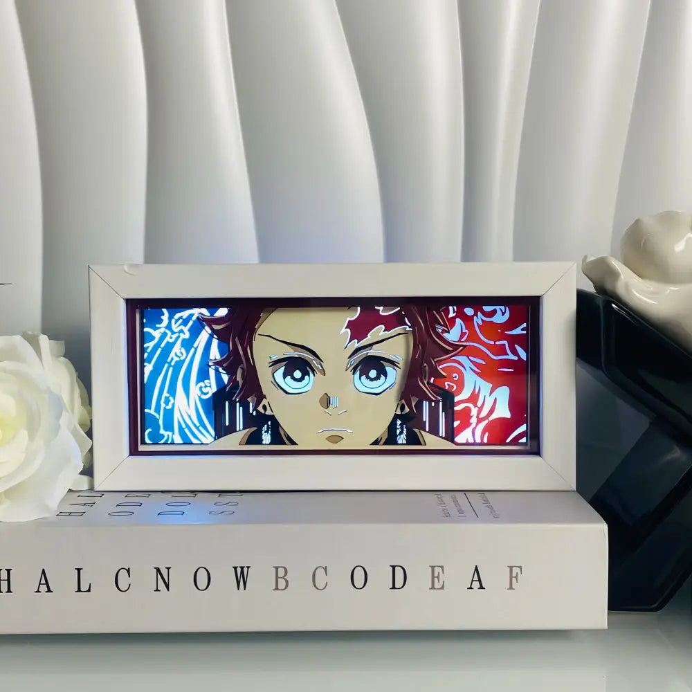 White-framed anime manga 3d led paper carving light box featuring a red-haired character with blue eyes and vibrant background