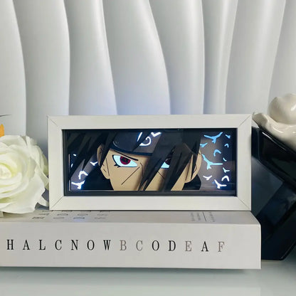 White-framed anime manga 3d led paper carving light box featuring black hair character with glowing blue eyes