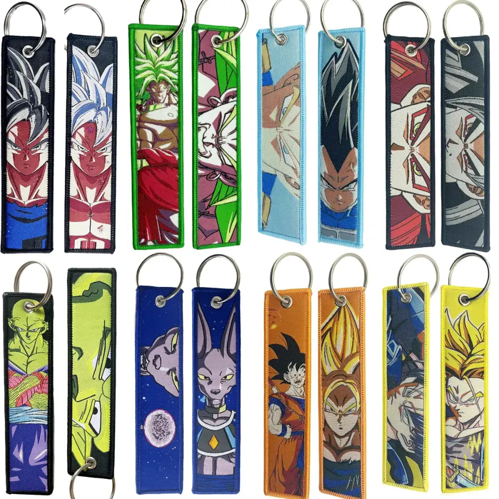 A collection of colorful embroidered anime manga badge holder lanyards with usb pendant featuring dragon ball z characters