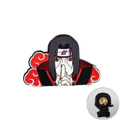 Black and red enamel pin featuring Itachi Uchiha with white mask and red clouds manga enamel pin for backpacks