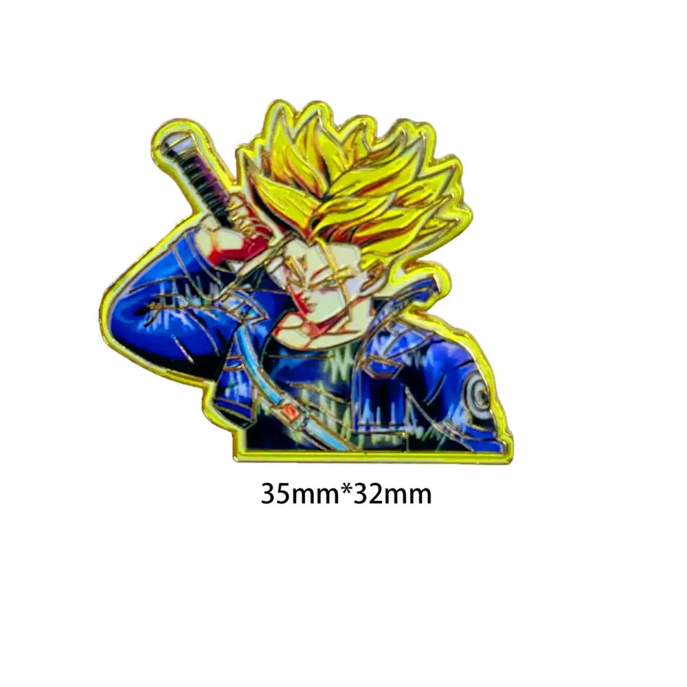A vibrant manga enamel pin featuring a stylized anime character with golden hair and blue armor brooch badge